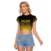 Personalised Palau Independence Day Raglan Cropped T Shirt Palauan Tattoo Pattern LT05 Female Black - Polynesian Pride