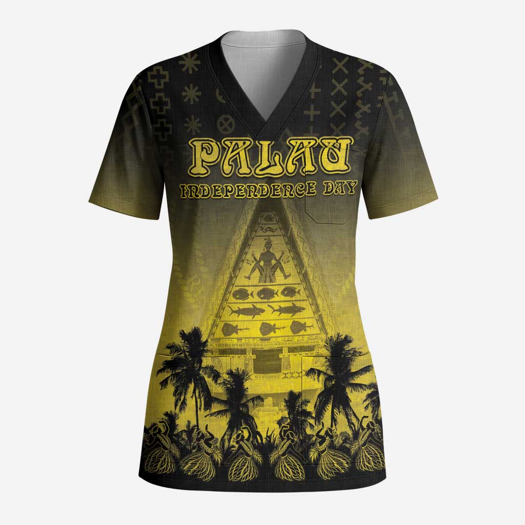 Personalised Palau Independence Day Scrub Top Palauan Tattoo Pattern LT05 Adult Black - Polynesian Pride