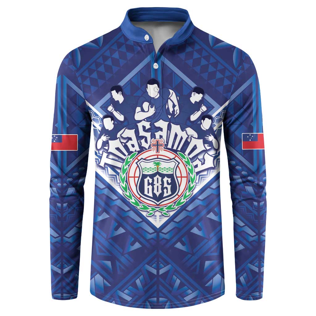 Toa Samoa Rugby Custom Button Sweatshirt Samoan Pride With Tribal Pattern LT05 Blue - Polynesian Pride
