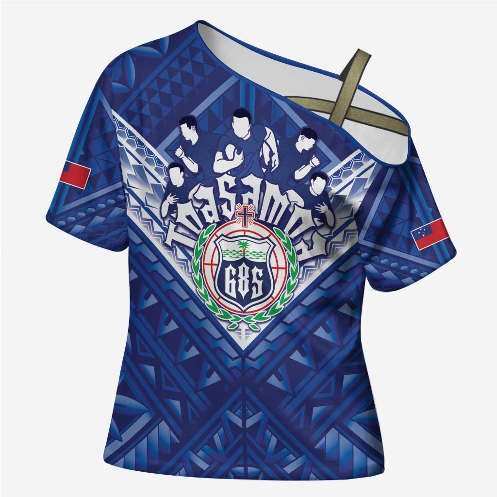 Toa Samoa Rugby Custom Cross Shoulder Shirt Samoan Pride With Tribal Pattern LT05 Female Blue - Polynesian Pride