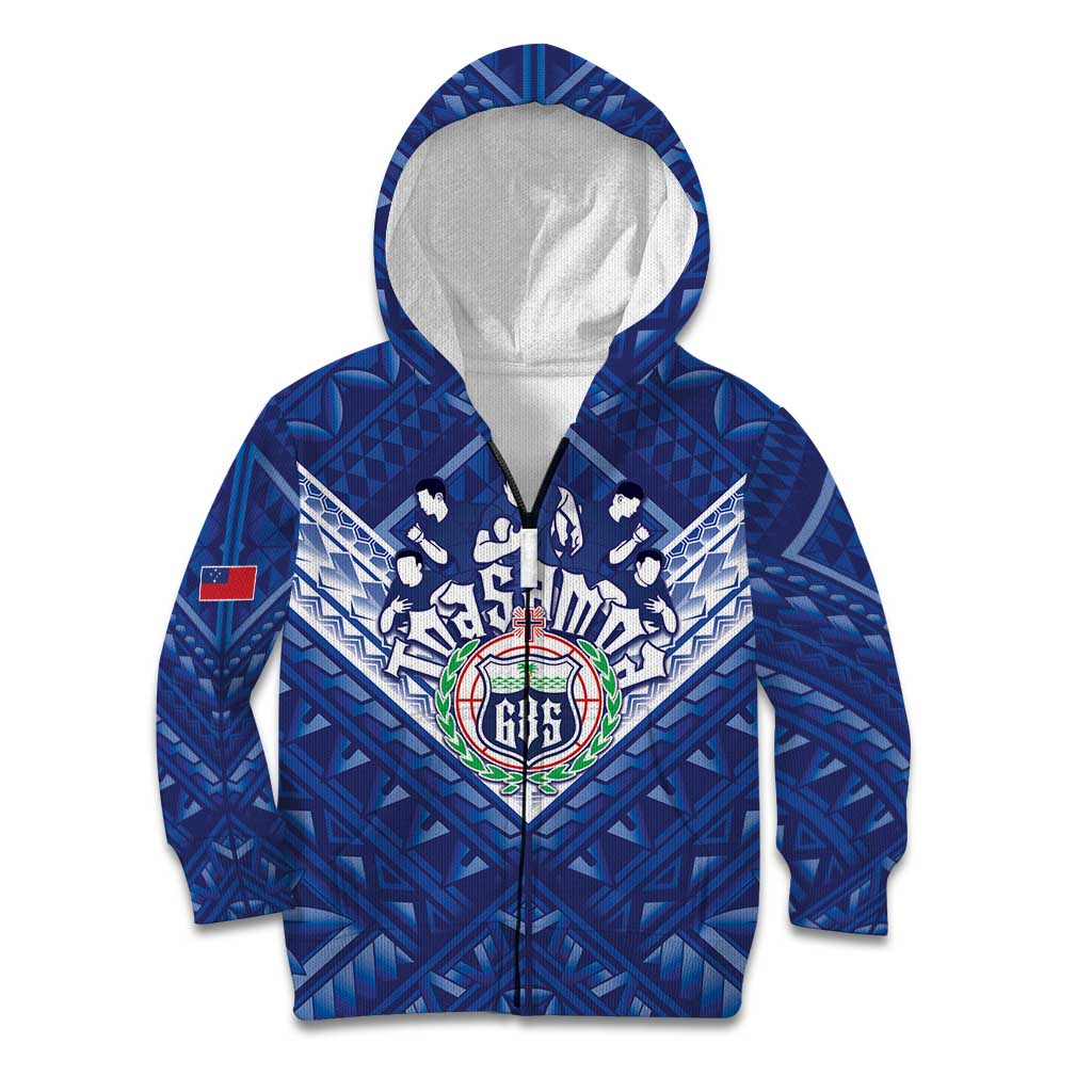Toa Samoa Rugby Custom Kid Hoodie Samoan Pride With Tribal Pattern LT05 Zip Hoodie Blue - Polynesian Pride