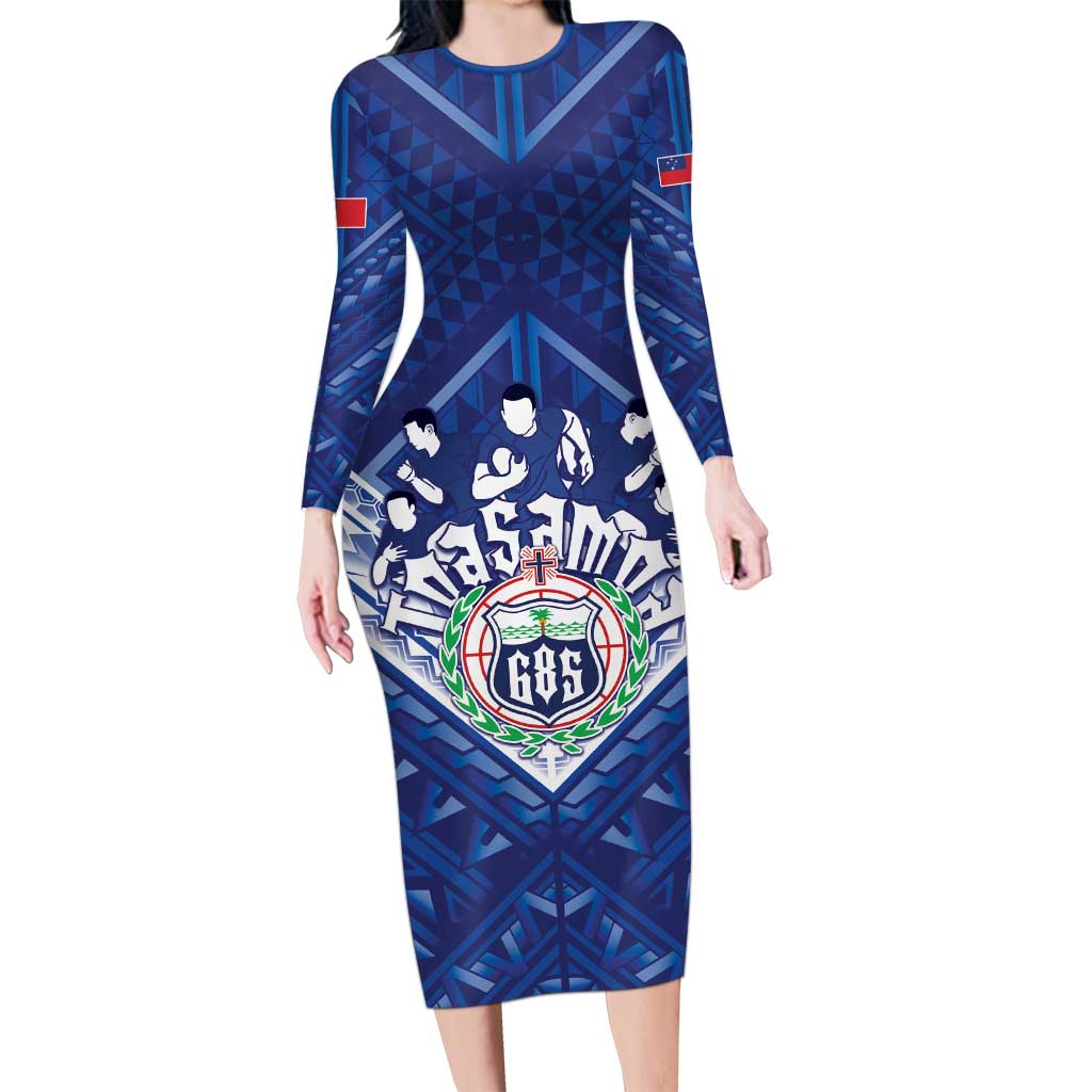 Toa Samoa Rugby Custom Long Sleeve Bodycon Dress Samoan Pride With Tribal Pattern LT05 Long Dress Blue - Polynesian Pride