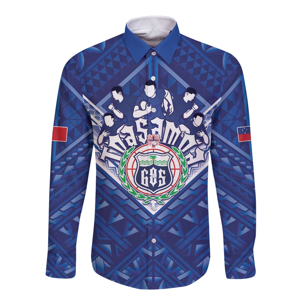 Toa Samoa Rugby Custom Long Sleeve Button Shirt Samoan Pride With Tribal Pattern LT05 Unisex Blue - Polynesian Pride