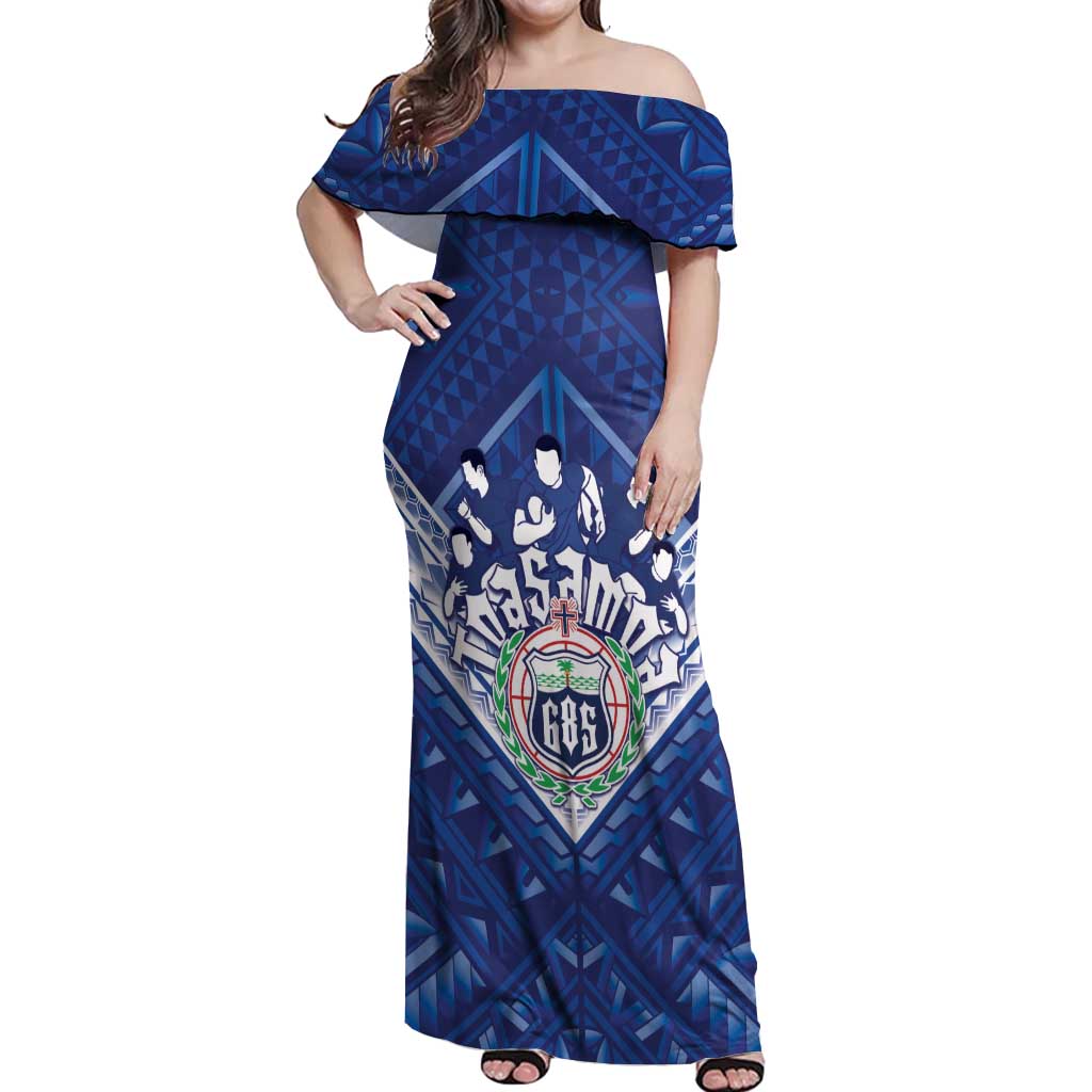 Toa Samoa Rugby Custom Off Shoulder Maxi Dress Samoan Pride With Tribal Pattern LT05 Women Blue - Polynesian Pride