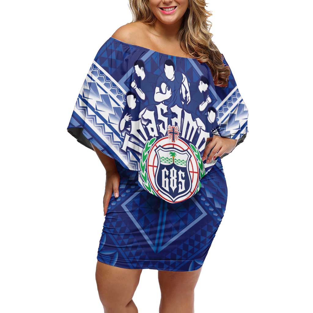 Toa Samoa Rugby Custom Off Shoulder Short Dress Samoan Pride With Tribal Pattern LT05 Women Blue - Polynesian Pride