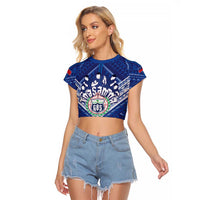 Toa Samoa Rugby Custom Raglan Cropped T Shirt Samoan Pride With Tribal Pattern LT05 Female Blue - Polynesian Pride