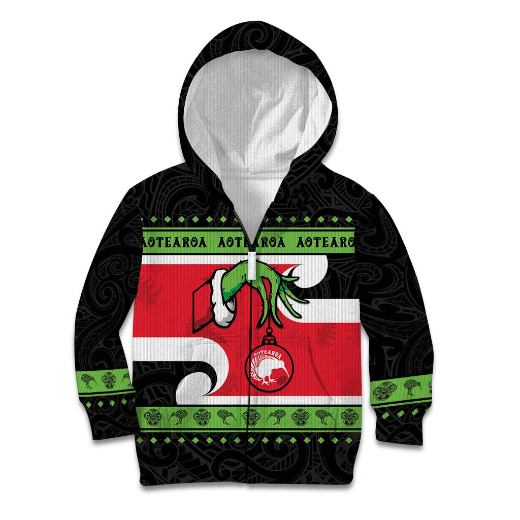 New Zealand Funny Christmas Kid Hoodie Maori Tiki LT05 Zip Hoodie Black - Polynesian Pride