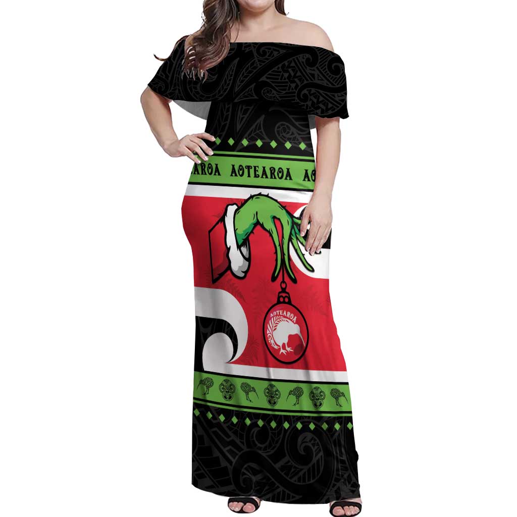 New Zealand Funny Christmas Off Shoulder Maxi Dress Maori Tiki LT05 Women Black - Polynesian Pride