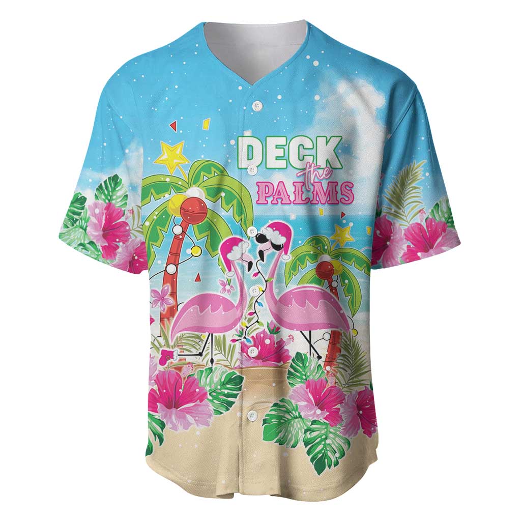 Hawaii Christmas Baseball Jersey Deck The Palms Holiday Flamingos LT05 Blue - Polynesian Pride