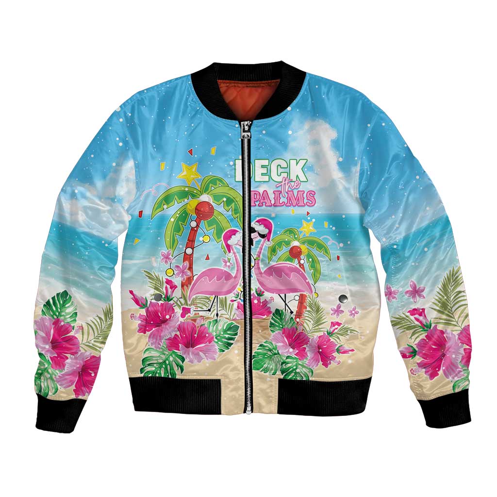 Hawaii Christmas Bomber Jacket Deck The Palms Holiday Flamingos LT05 Unisex Blue - Polynesian Pride
