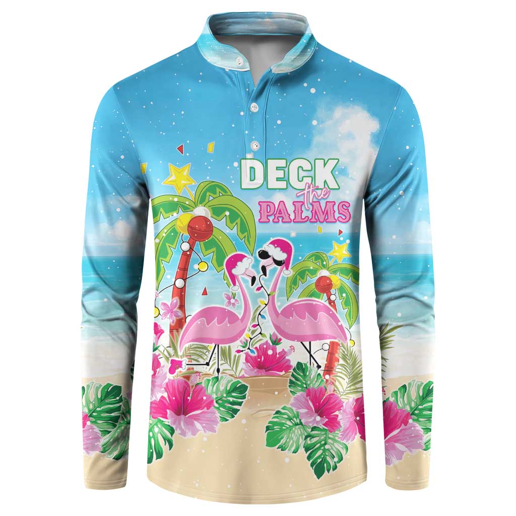 Hawaii Christmas Button Sweatshirt Deck The Palms Holiday Flamingos LT05 Blue - Polynesian Pride