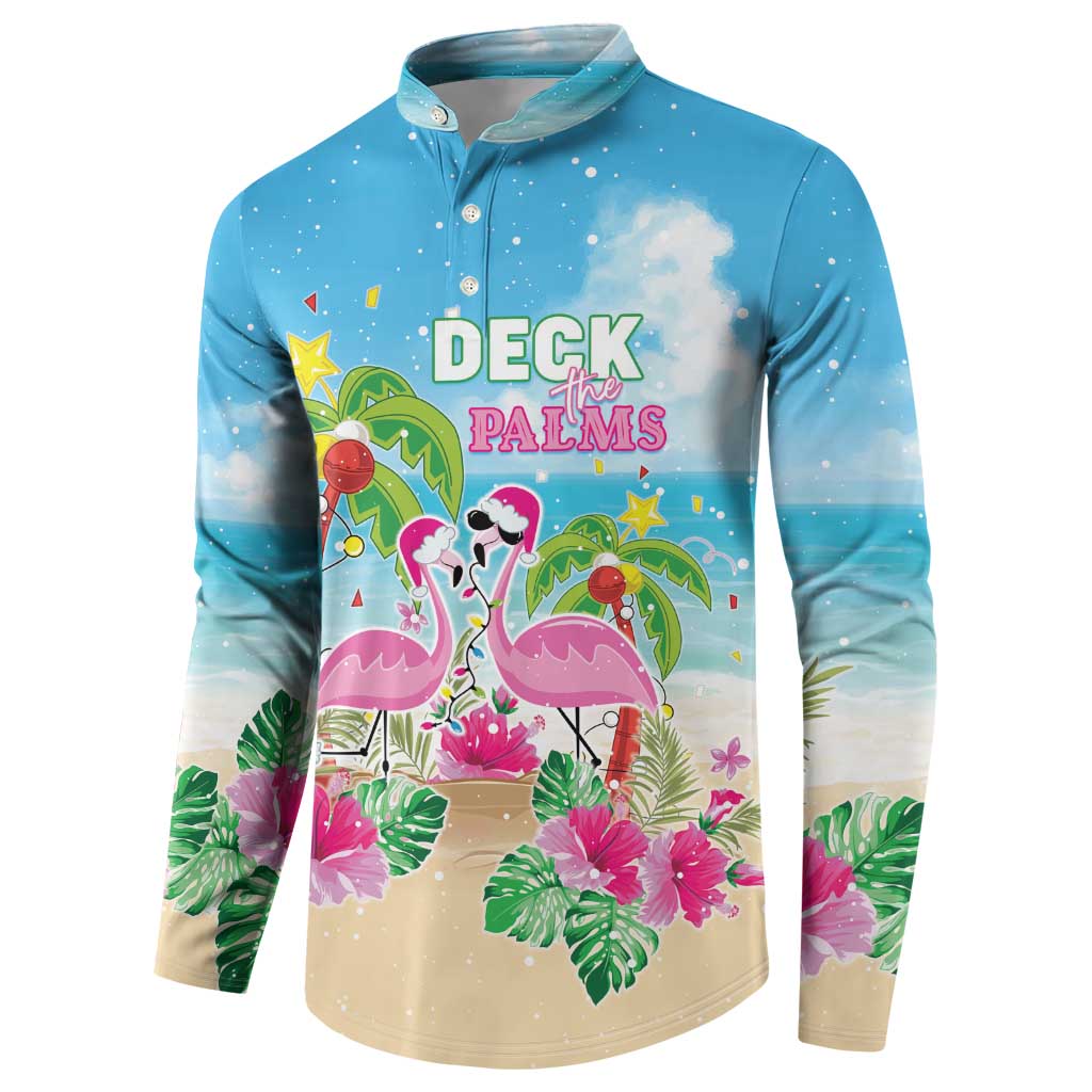 Hawaii Christmas Button Sweatshirt Deck The Palms Holiday Flamingos LT05 - Polynesian Pride