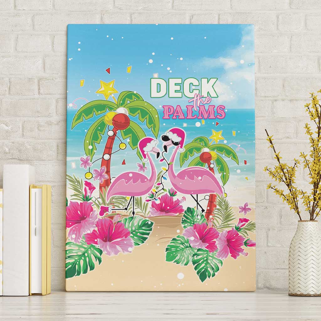 Hawaii Christmas Canvas Wall Art Deck The Palms Holiday Flamingos LT05 Without Frame Blue - Polynesian Pride