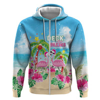 Hawaii Christmas Hoodie Deck The Palms Holiday Flamingos LT05 Zip Hoodie Blue - Polynesian Pride
