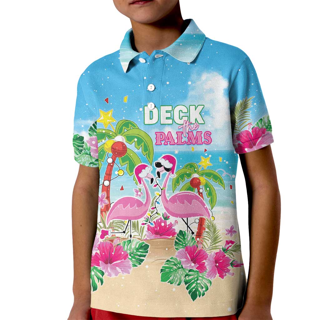 Hawaii Christmas Kid Polo Shirt Deck The Palms Holiday Flamingos LT05 Kid Blue - Polynesian Pride
