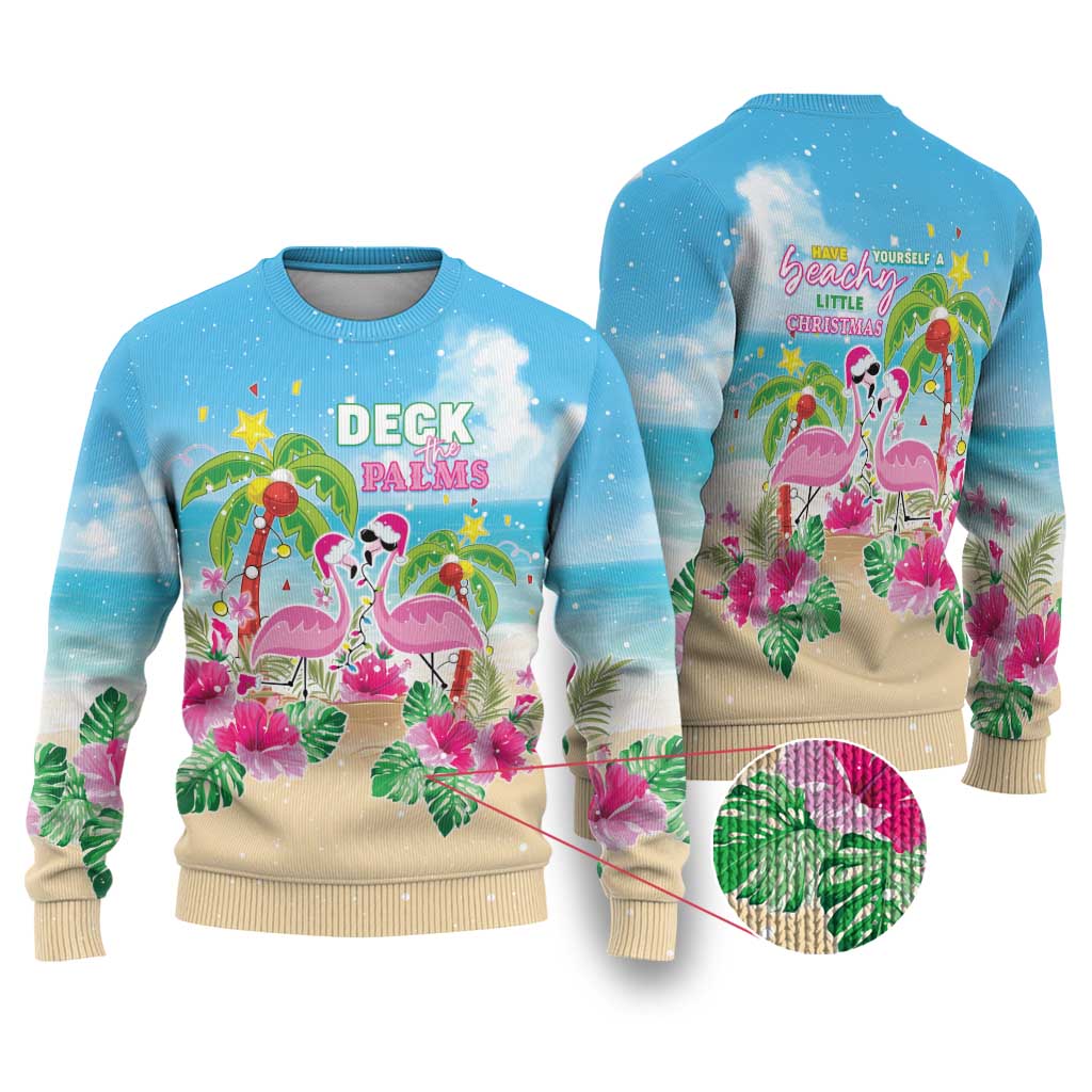 Hawaii Christmas Ugly Christmas Sweater Deck The Palms Holiday Flamingos LT05 Blue - Polynesian Pride