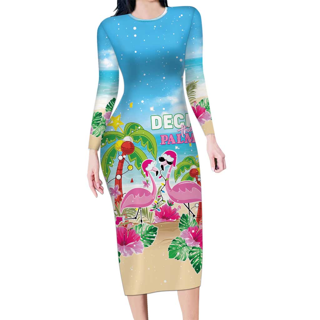 Hawaii Christmas Long Sleeve Bodycon Dress Deck The Palms Holiday Flamingos LT05 Long Dress Blue - Polynesian Pride