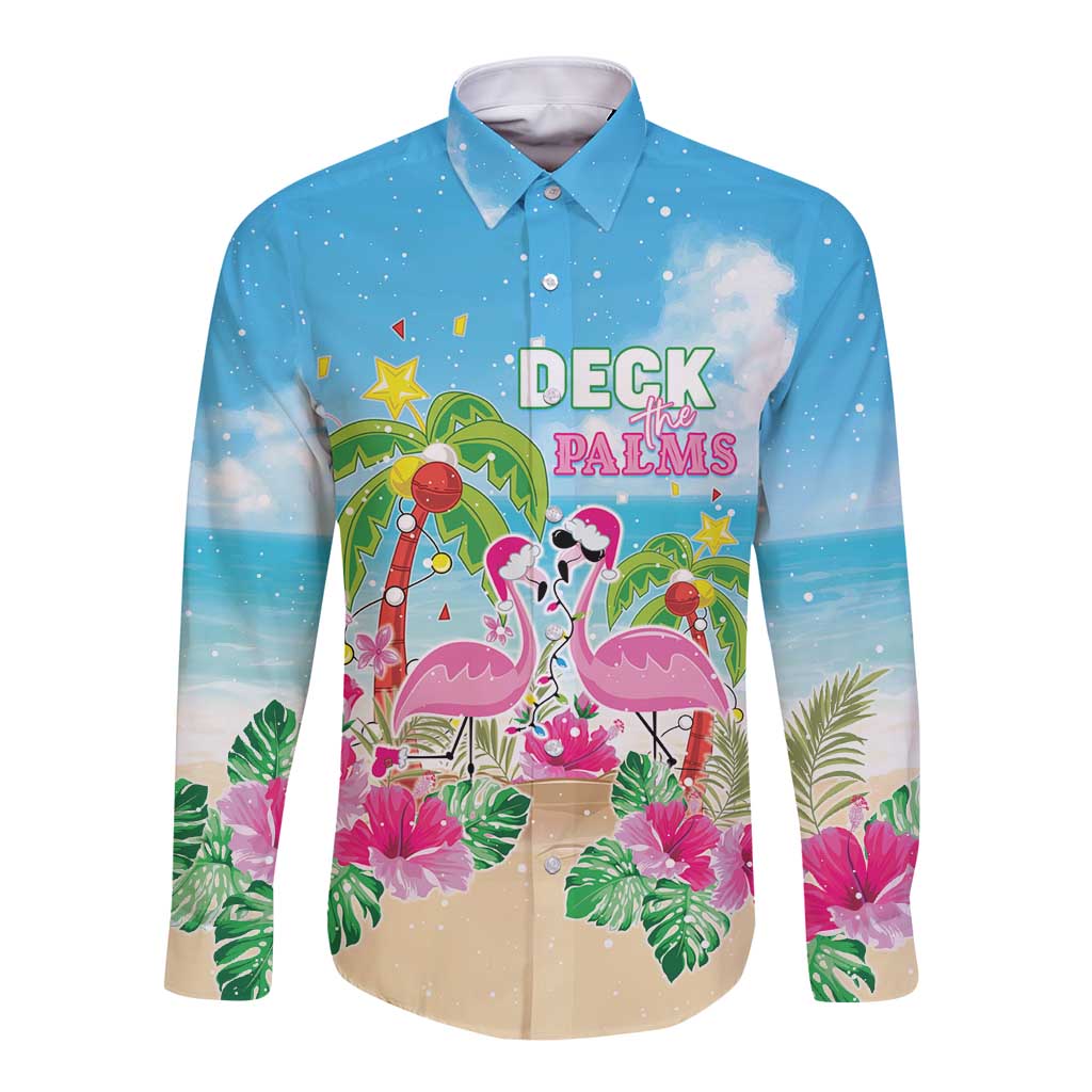 Hawaii Christmas Long Sleeve Button Shirt Deck The Palms Holiday Flamingos LT05 Unisex Blue - Polynesian Pride