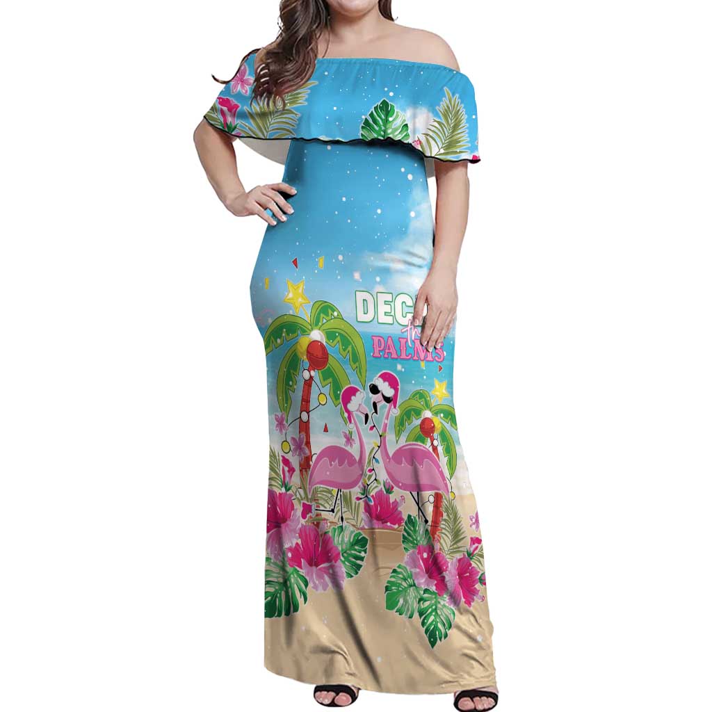 Hawaii Christmas Off Shoulder Maxi Dress Deck The Palms Holiday Flamingos LT05 Women Blue - Polynesian Pride