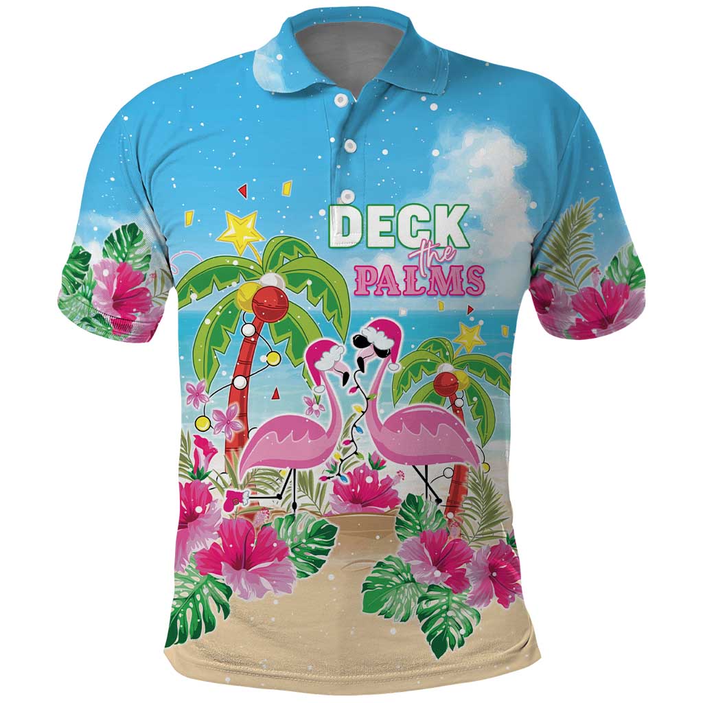 Hawaii Christmas Polo Shirt Deck The Palms Holiday Flamingos LT05 Blue - Polynesian Pride