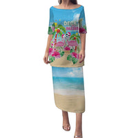 Hawaii Christmas Puletasi Deck The Palms Holiday Flamingos LT05 Long Dress Blue - Polynesian Pride