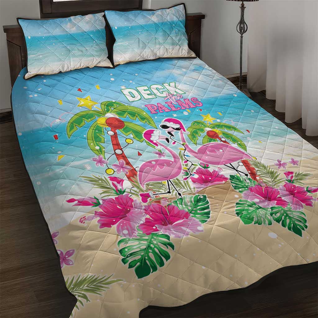 Hawaii Christmas Quilt Bed Set Deck The Palms Holiday Flamingos LT05 Blue - Polynesian Pride