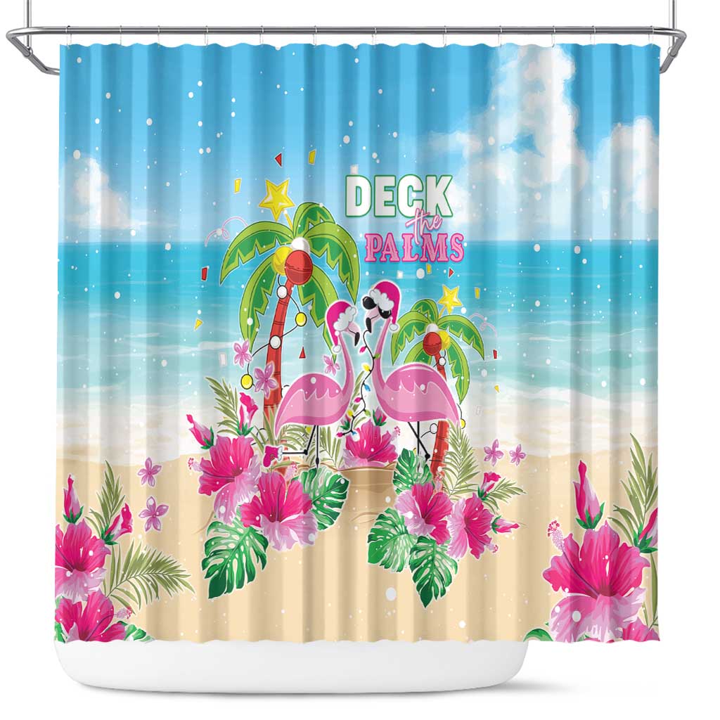 Hawaii Christmas Shower Curtain Deck The Palms Holiday Flamingos LT05 Blue - Polynesian Pride