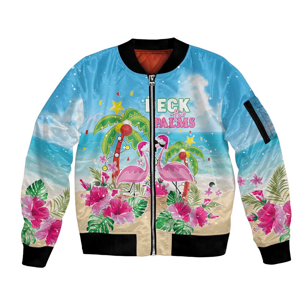 Hawaii Christmas Sleeve Zip Bomber Jacket Deck The Palms Holiday Flamingos LT05 Unisex Blue - Polynesian Pride