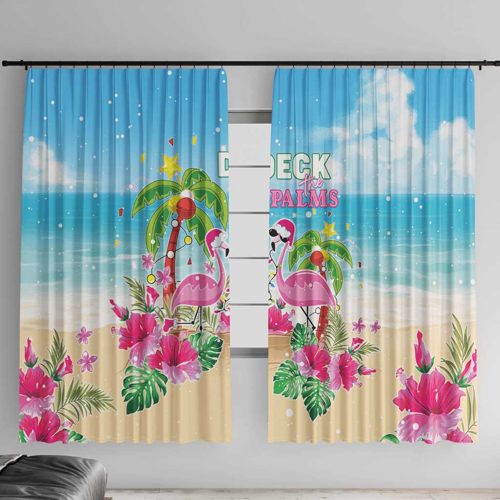 Hawaii Christmas Window Curtain Deck The Palms Holiday Flamingos LT05 With Hooks Blue - Polynesian Pride