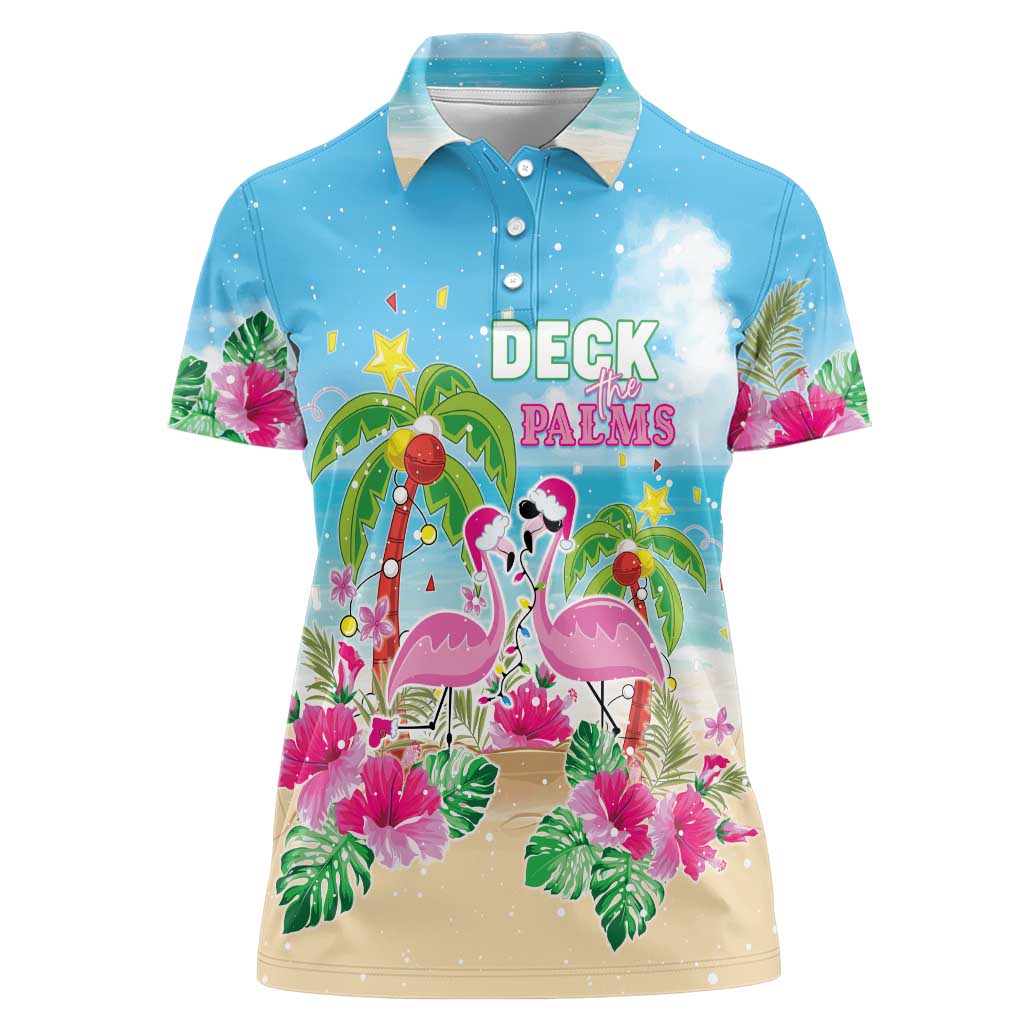Hawaii Christmas Women Polo Shirt Deck The Palms Holiday Flamingos LT05 Female Blue - Polynesian Pride