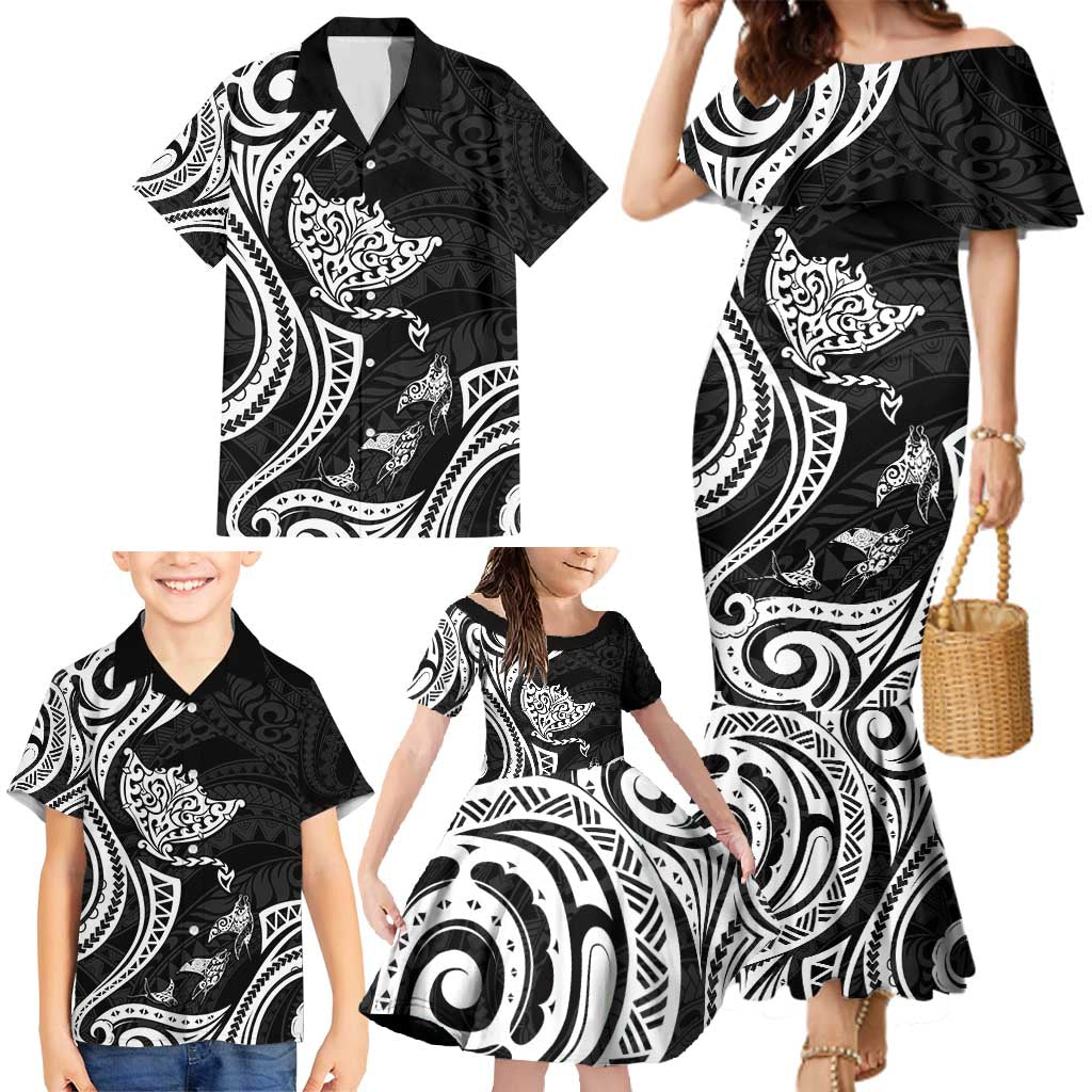 Hawaii Manta Ray Family Matching Mermaid Dress and Hawaiian Shirt Polynesian Art Tattoo