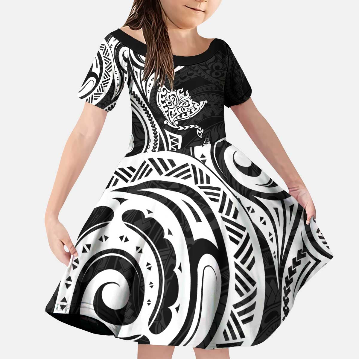 Hawaii Manta Ray Kid Short Sleeve Dress Polynesian Art Tattoo LT05 KID Black - Polynesian Pride