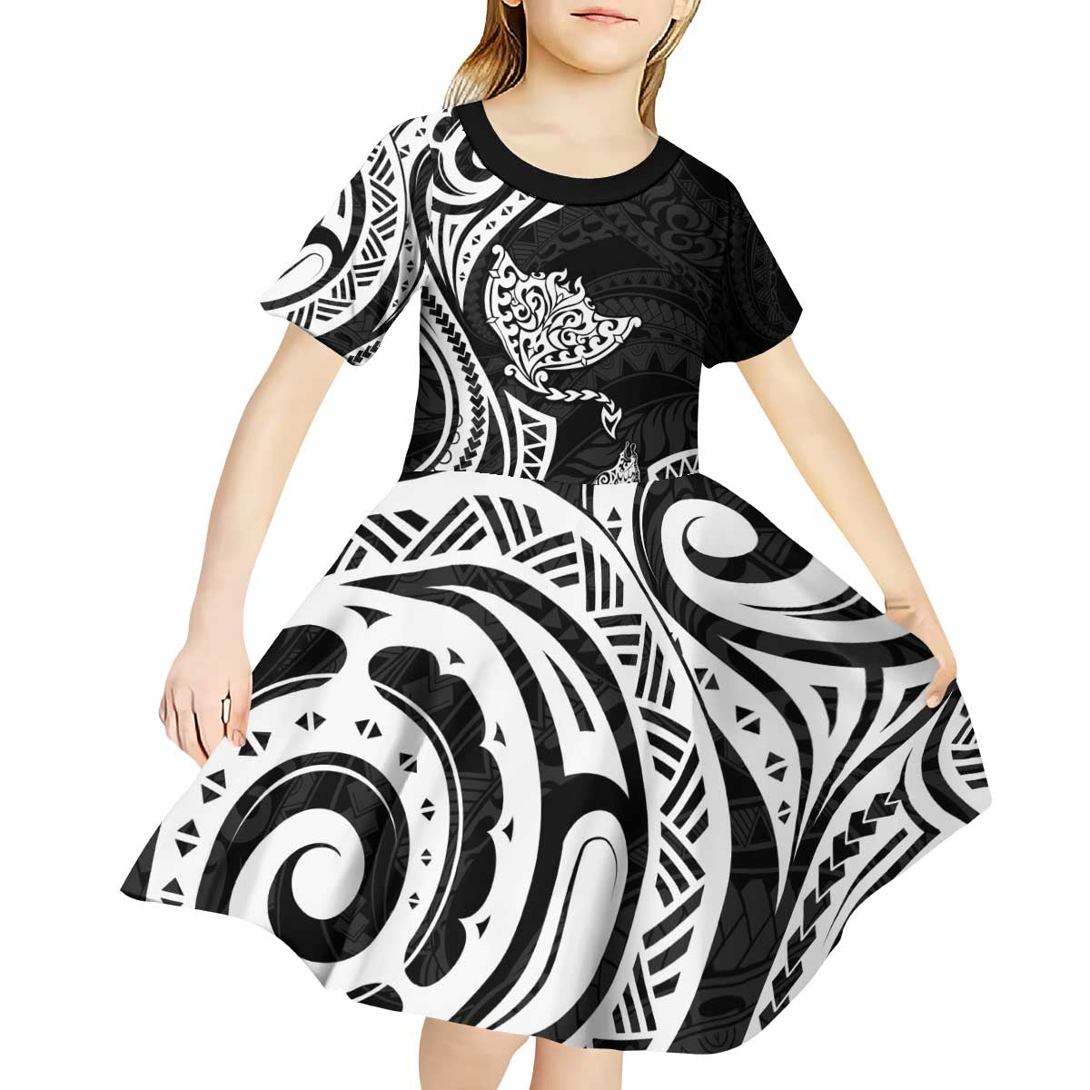 Hawaii Manta Ray Kid Short Sleeve Dress Polynesian Art Tattoo LT05 - Polynesian Pride