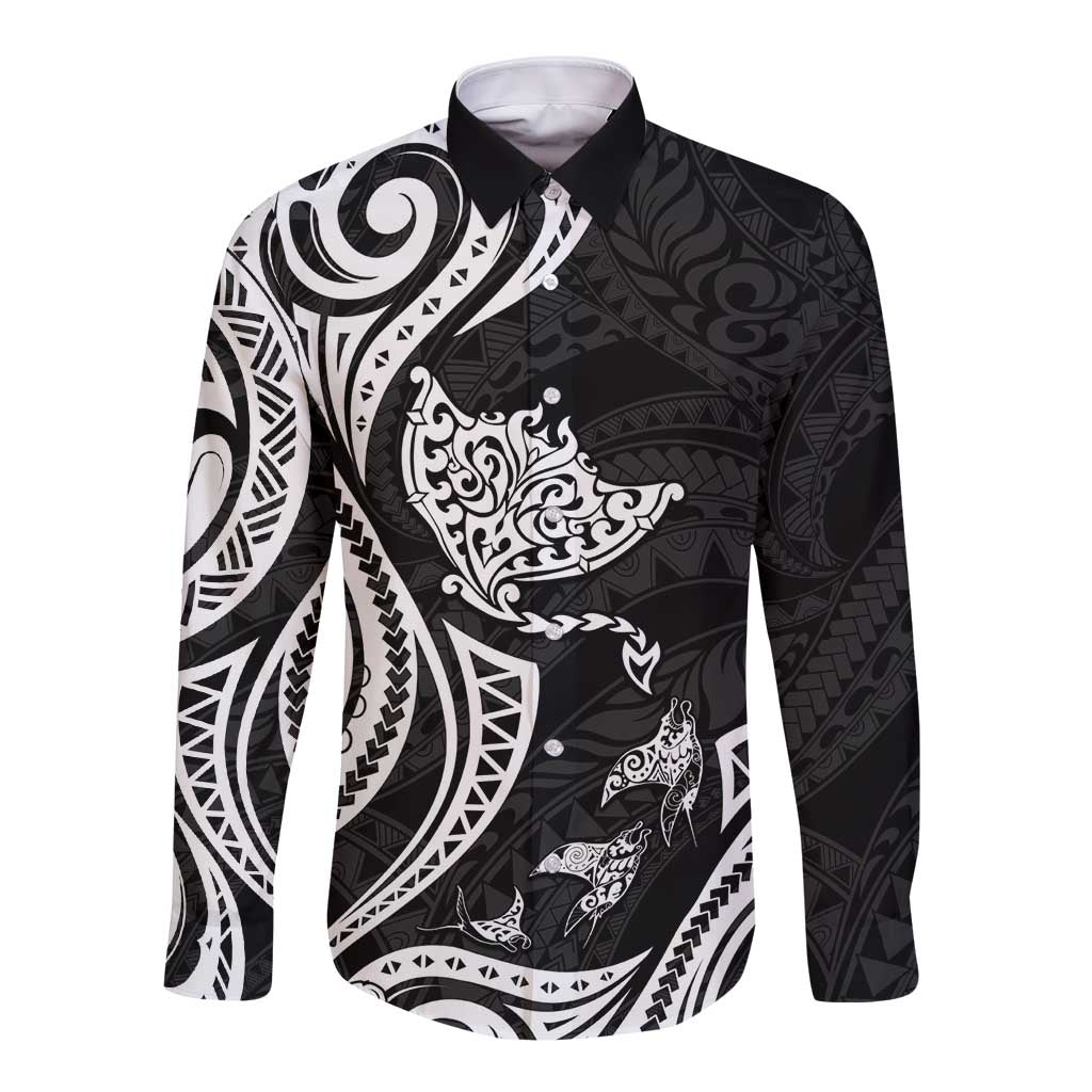 Hawaii Manta Ray Long Sleeve Button Shirt Polynesian Art Tattoo LT05 Unisex Black - Polynesian Pride