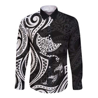 Hawaii Manta Ray Long Sleeve Button Shirt Polynesian Art Tattoo LT05 Unisex Black - Polynesian Pride
