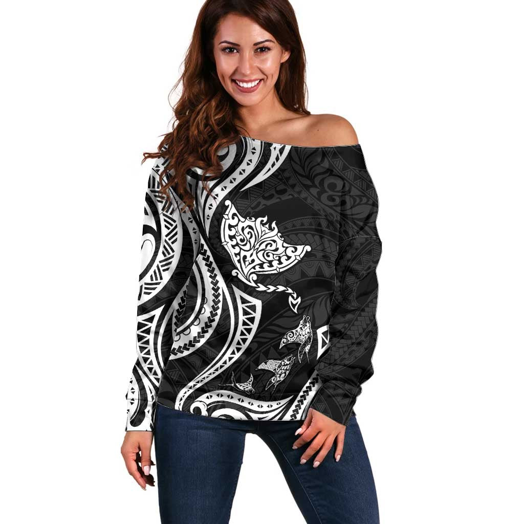 Hawaii Manta Ray Off Shoulder Sweater Polynesian Art Tattoo LT05 Women Black - Polynesian Pride