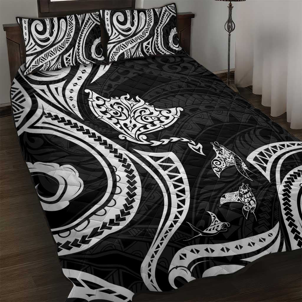 Hawaii Manta Ray Quilt Bed Set Polynesian Art Tattoo LT05 Black - Polynesian Pride