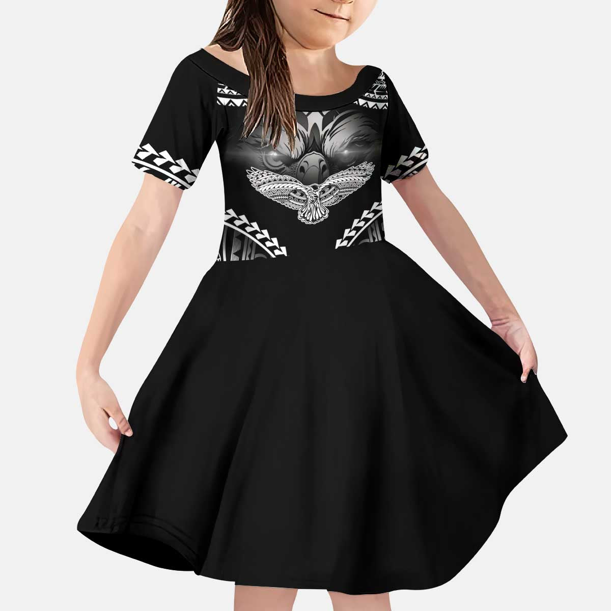 Hawaiian Hawk Kid Short Sleeve Dress Polynesian Pattern Style LT05 KID Black - Polynesian Pride