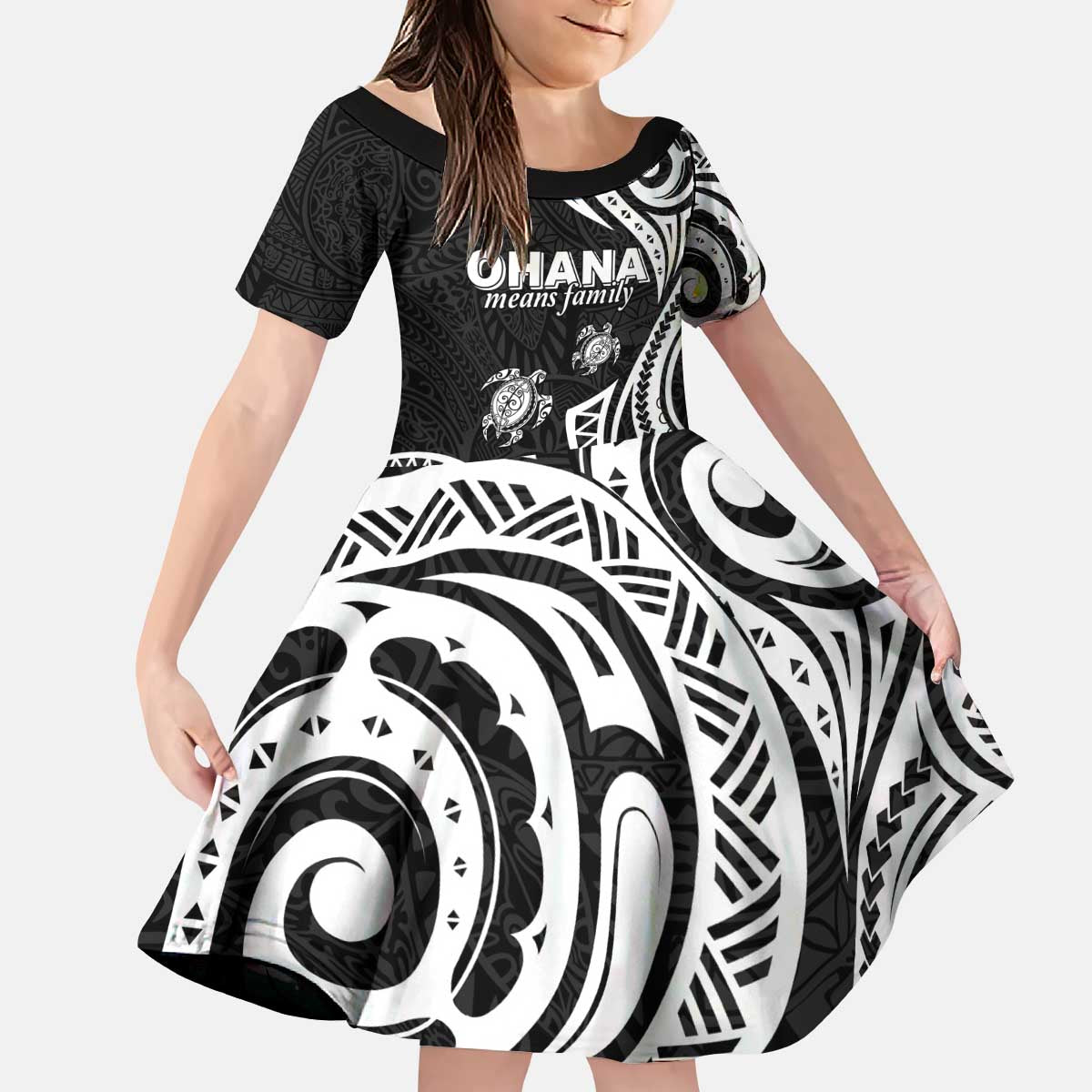 Hawaii Ohana Means Family Kid Short Sleeve Dress Sea Turtle Polynesian Style LT05 KID Black - Polynesian Pride