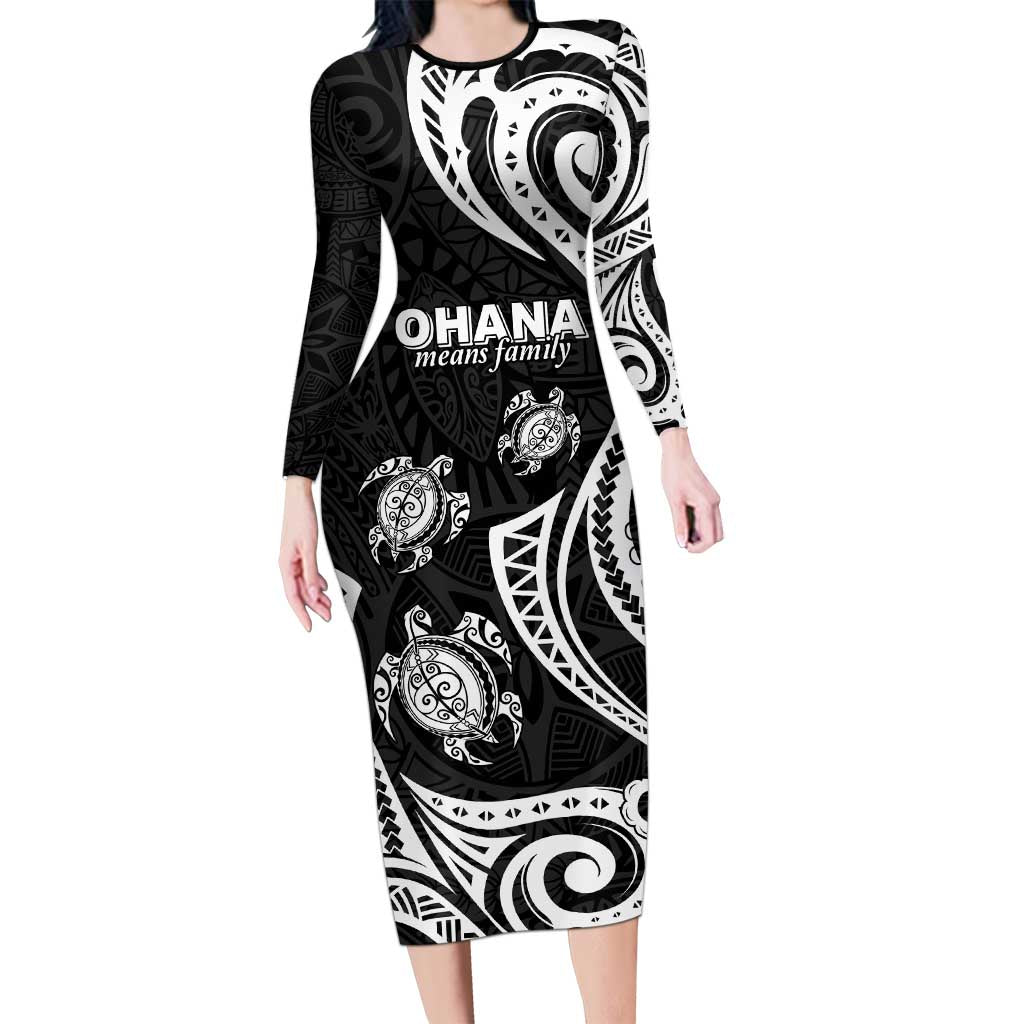 Hawaii Ohana Means Family Long Sleeve Bodycon Dress Sea Turtle Polynesian Style LT05 Long Dress Black - Polynesian Pride
