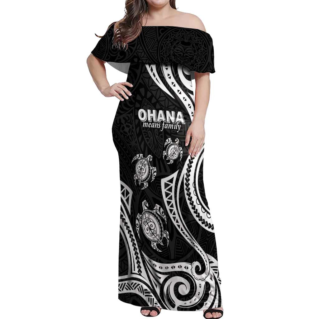 Hawaii Ohana Means Family Off Shoulder Maxi Dress Sea Turtle Polynesian Style LT05 Women Black - Polynesian Pride