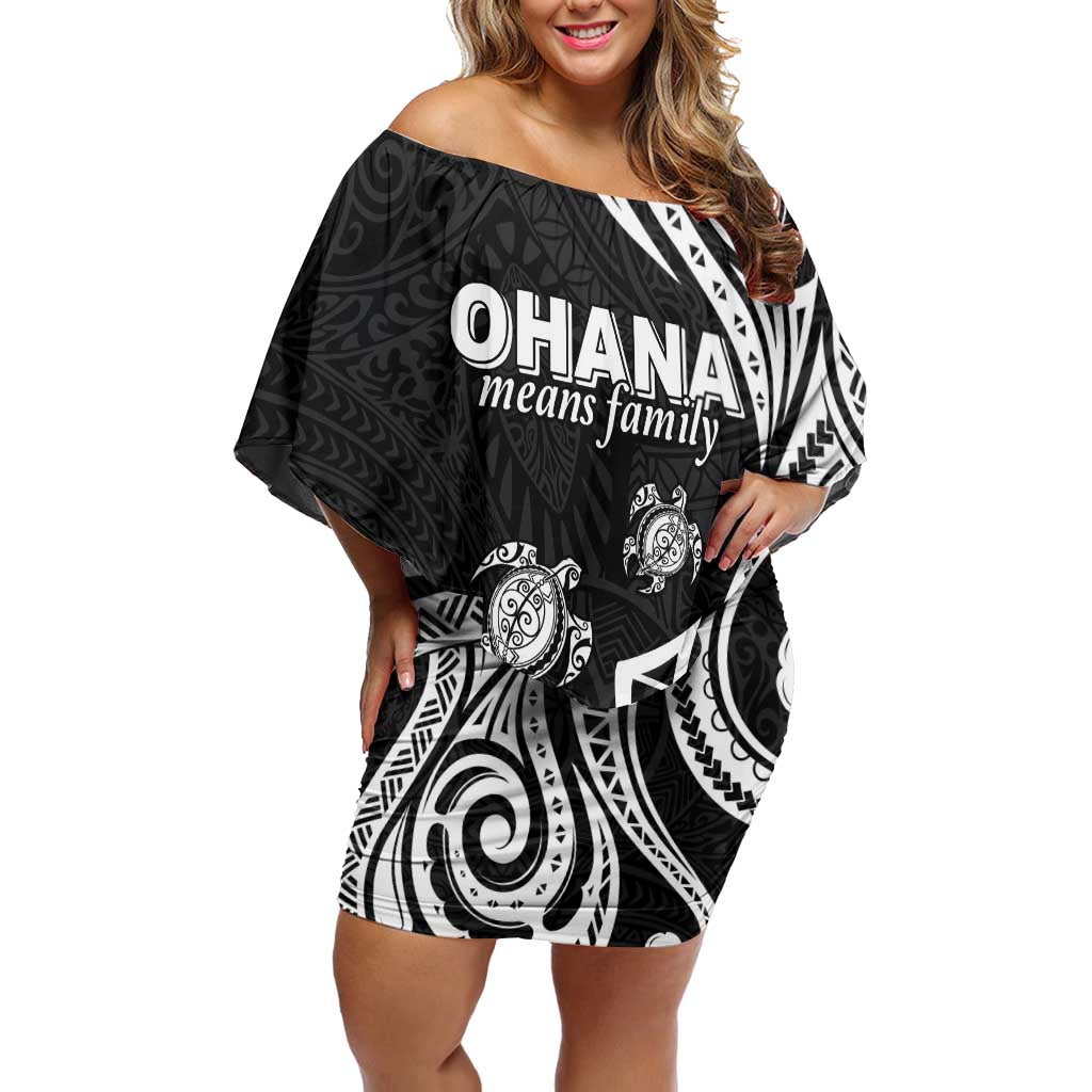 Hawaii Ohana Means Family Off Shoulder Short Dress Sea Turtle Polynesian Style LT05 Women Black - Polynesian Pride