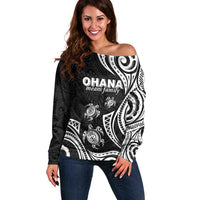 Hawaii Ohana Means Family Off Shoulder Sweater Sea Turtle Polynesian Style LT05 Women Black - Polynesian Pride