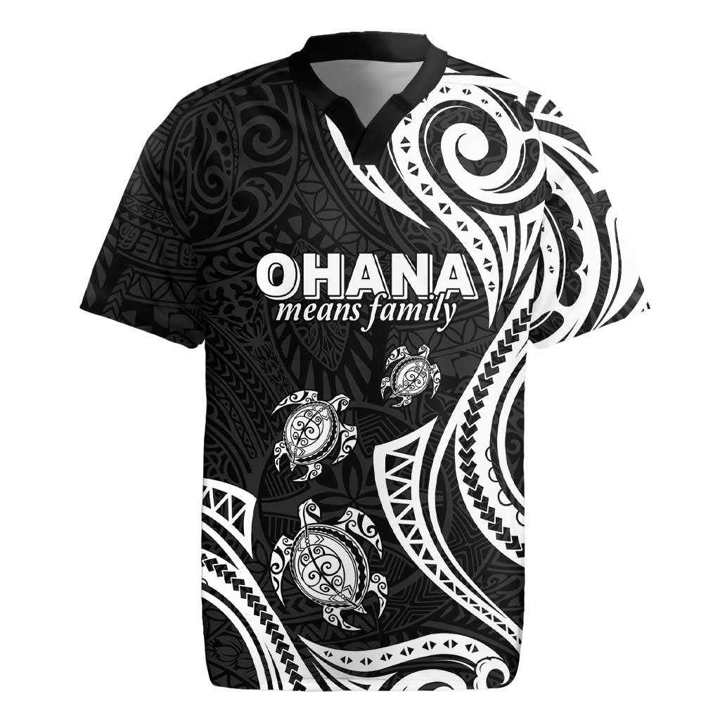 Hawaii Ohana Means Family Rugby Jersey Sea Turtle Polynesian Style LT05 Black - Polynesian Pride