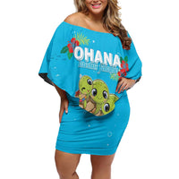 Ohana Hawaii Off Shoulder Short Dress Kawaii Family Turtle LT05 Women Blue - Polynesian Pride
