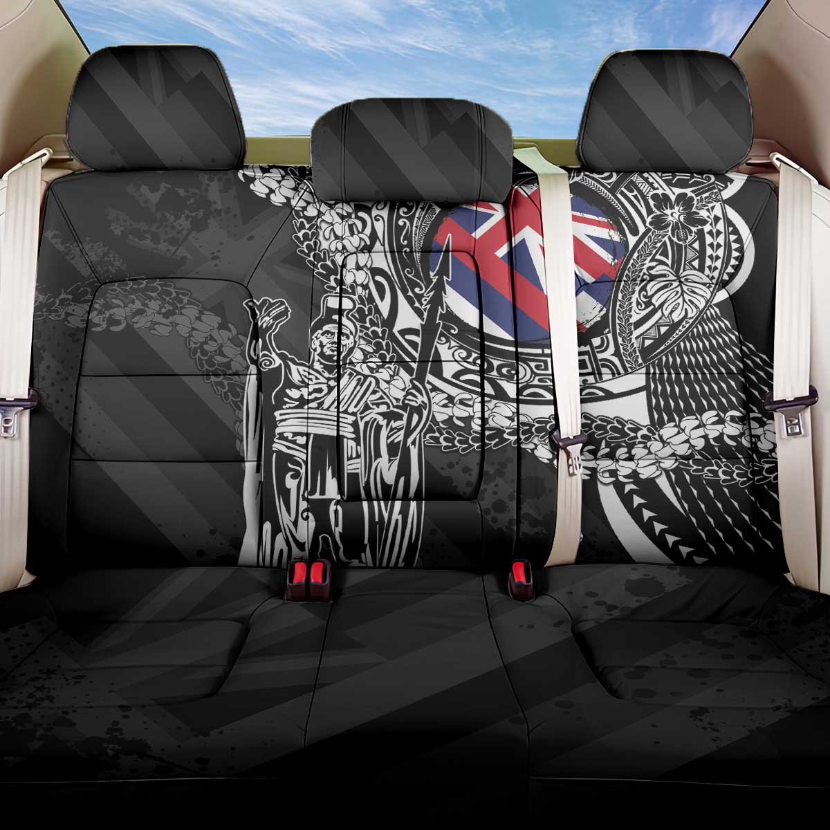 Hawaii King Flag Back Car Seat Cover Hawaiian Maile Lei LT05 One Size Black - Polynesian Pride