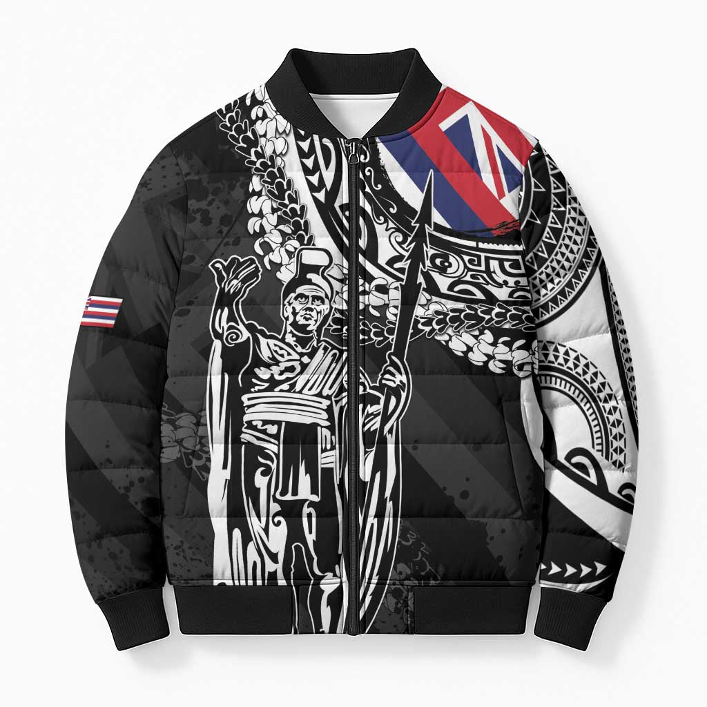 Hawaii King Flag Bomber Puffer Jacket Hawaiian Maile Lei LT05 Unisex Black - Polynesian Pride