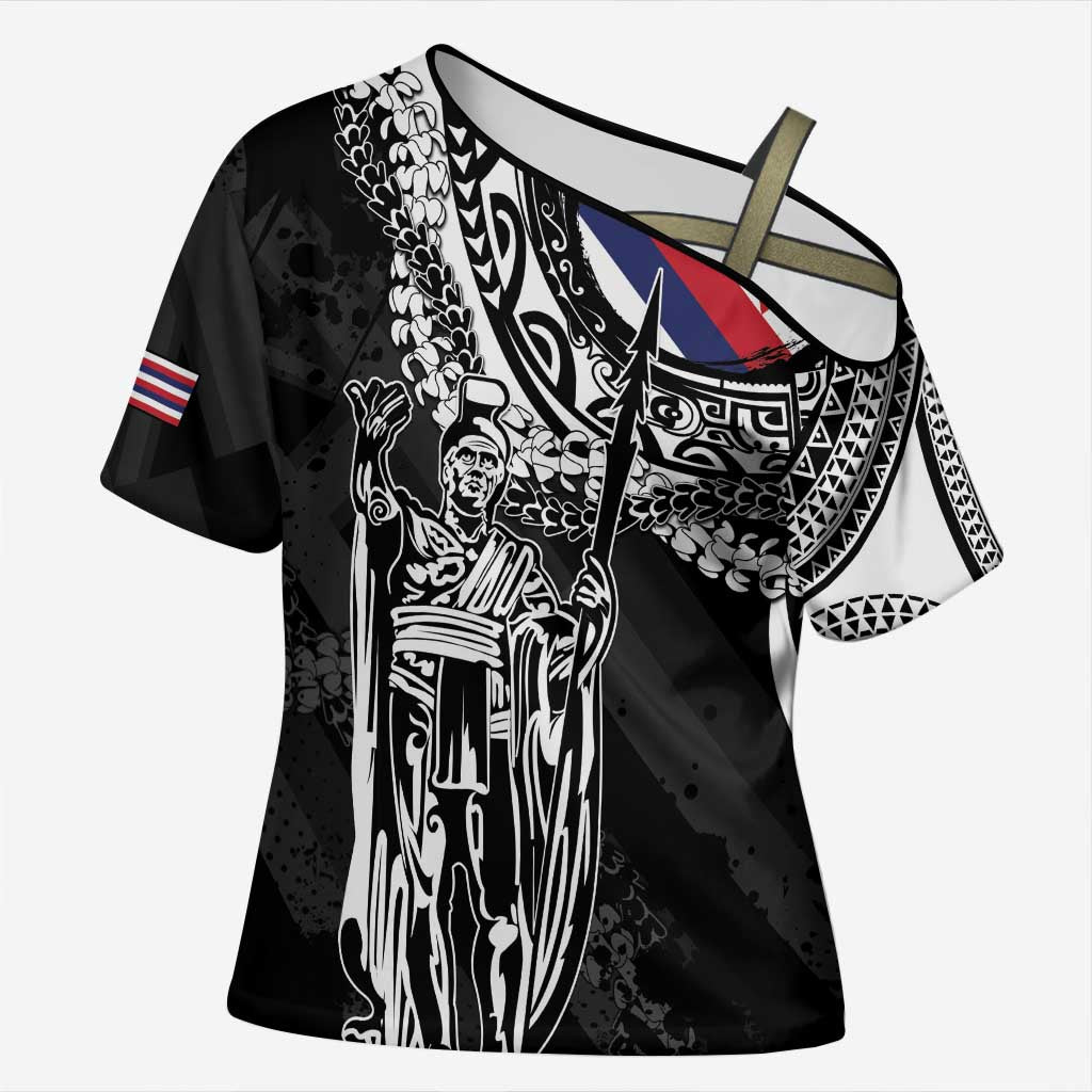 Hawaii King Flag Cross Shoulder Shirt Hawaiian Maile Lei LT05 Female Black - Polynesian Pride