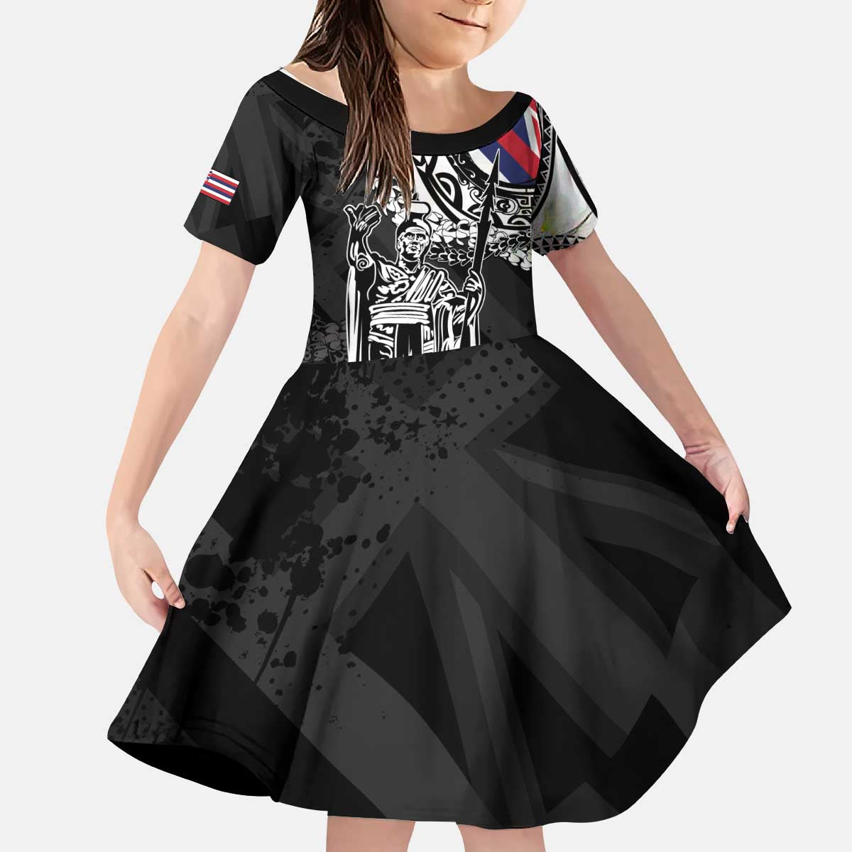 Hawaii King Flag Kid Short Sleeve Dress Hawaiian Maile Lei LT05 KID Black - Polynesian Pride