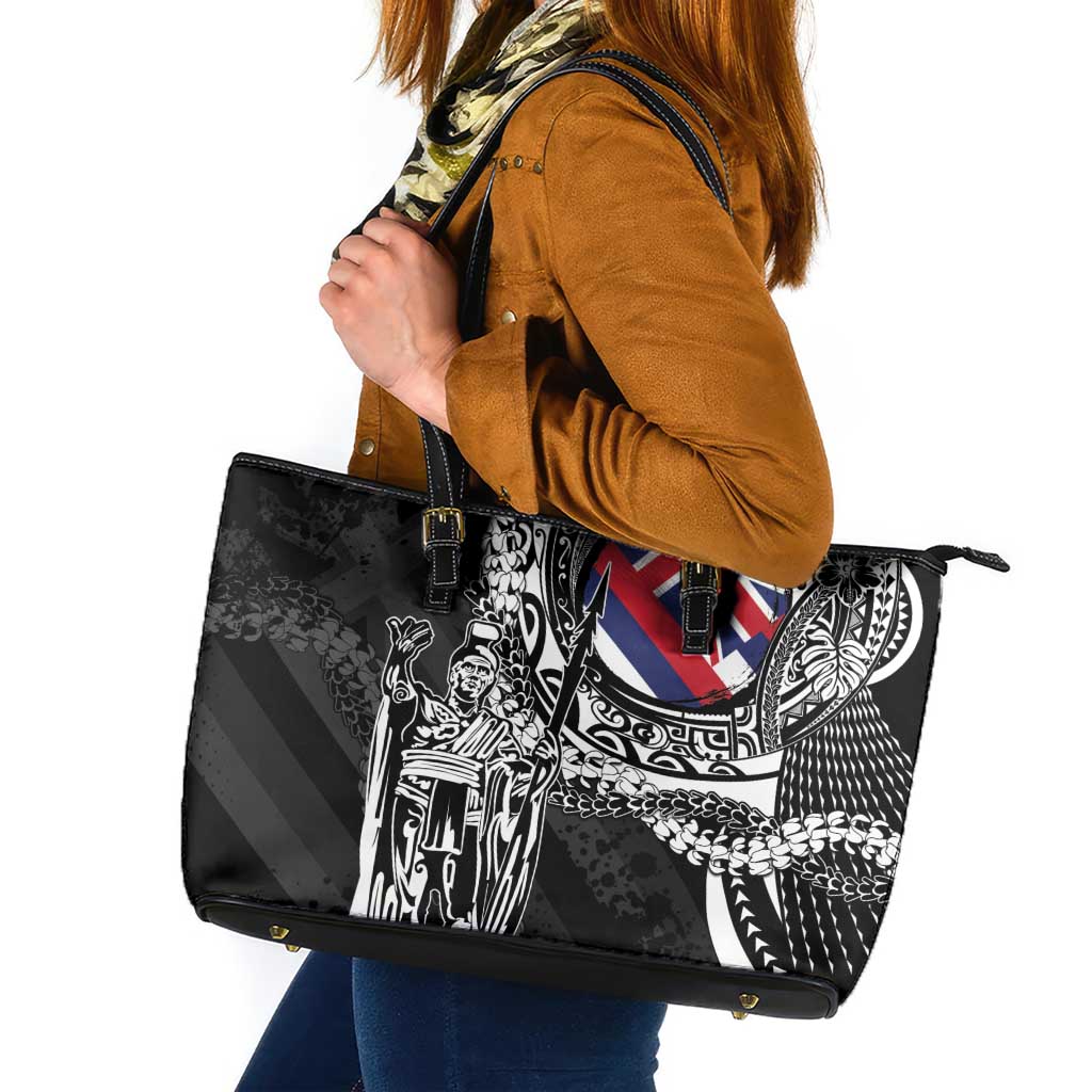 Hawaii King Flag Leather Tote Bag Hawaiian Maile Lei LT05 Black - Polynesian Pride